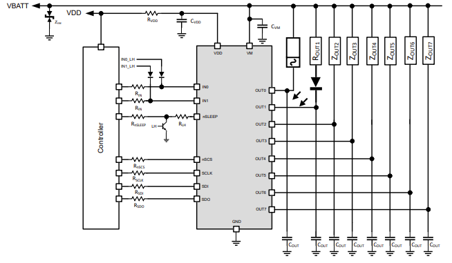 回路図 - Texas Instruments DRV81008-Q1 8チャンネル ローサイドドライバ